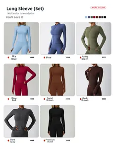 Multicolor yoga set display featuring long sleeve zipper tops and slim leggings in 8 colors