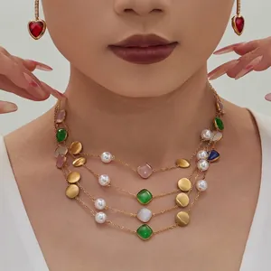 Long Necklace Stainless Steel Cat's Eye Stone White Imitation Artificial Pearl Geometric Square Pendant Bohemian Trendy Jewelry For Women
