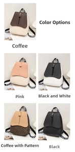 Detailed comparison of five colors: brown, pink, black-white, floral, and black leather backpacks