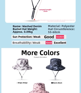 Detailed size guide for washed denim bucket hat with adjustable windproof strap