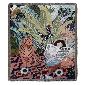 Bohemian jacquard knit blanket with tropical jungle lady and tiger illustration design