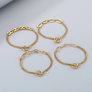Minimalist gold stainless steel geometric chain bracelets with decorative OT toggle clasp