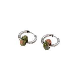 Minimalist stainless steel hoop earrings with natural unakite stone beads on white background