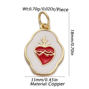Detail of 14K gold plated heart charm with white enamel and red center measurements