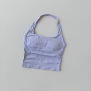 Detailed flat lay of lavender square neck halter sports bra with ribbed texture