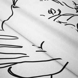 Close-up of modern abstract line art tapestry with minimalist black facial outlines