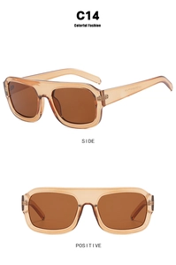Front and side view of oversized translucent amber square sunglasses with thick frames