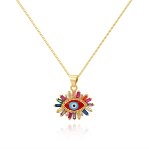 18K gold plated Evil Eye pendant necklace with vibrant multi-colored baguette zircon stones