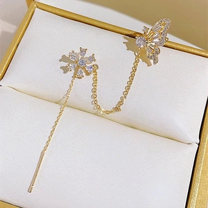 Elegant gold butterfly and flower zircon drop earrings with delicate tassel chains