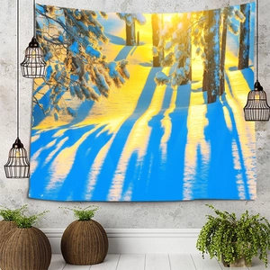 Winter snowy forest landscape wall tapestry with golden sunlight for room decor