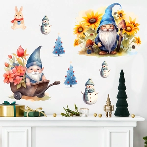 Watercolor Christmas gnomes and snowman wall decals above a fireplace for holiday decor