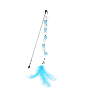 Blue feather cat wand toy with soft plush balls and bell on silver glitter handle