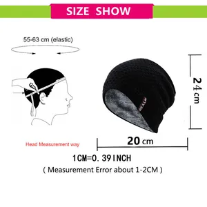 Size chart showing head measurement and dimensions for the fleece-lined knitted beanie