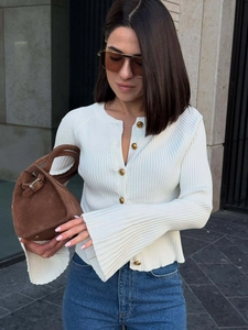Women Ribbed Knit Cardigan Sweater Long Bell Sleeves Gold Buttons Cropped Slim Fit Retro Chic Elegant Fashion Tops