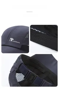 Detail view of quick-dry sports cap with mesh vents, precision stitching and adjustable strap