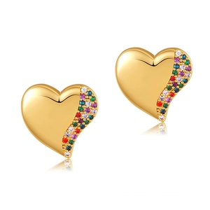 Golden heart stud earrings with colorful zircon stones on a clean white background
