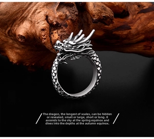 Macro view of detailed dragon head and scales on vintage silver open ring for men