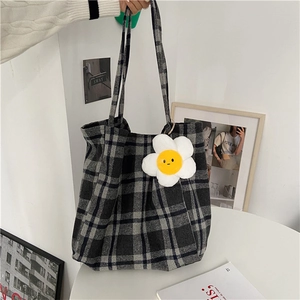 Minimalist grey plaid woolen tote bag with a cute sunflower charm and large capacity