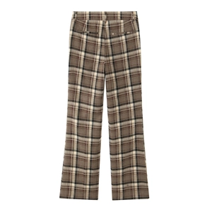 Vue arrière à plat d'un pantalon à carreaux marron avec passants et poches détails