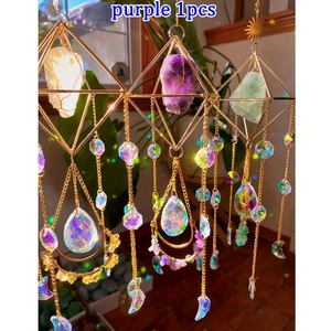 Detail of amethyst moon suncatcher with bohemian metal frames and colorful crystal prisms