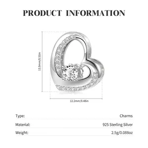 S925 sterling silver heart charm with paved cubic zirconia and center stone