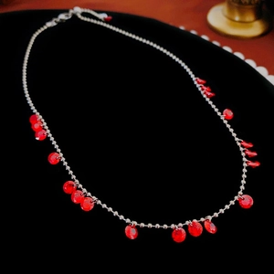 Collier Pendentif Zircon Rouge Vintage Élégant Chaîne À Perles Argentée Bijoux Pour Femmes