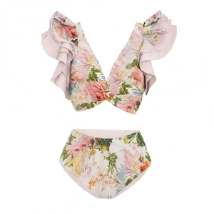 Two-piece floral bikini set with V-neck ruffled shoulders and high waist swim bottom
