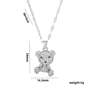 Titanium steel 3D bear necklace with white zircons, measuring 24x14.5mm with 45cm chain