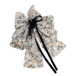 French floral chiffon bow hair claw clip with blue floral pattern and long ribbon