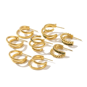 Set of 18K gold plated stainless steel geometric C-shaped earrings with green stone accents