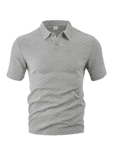 Close-up of grey short sleeve Polo shirt featuring herringbone texture knit fabric