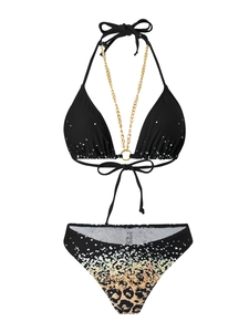 Detail of bikini set featuring golden chain straps and leopard print gradient bottom