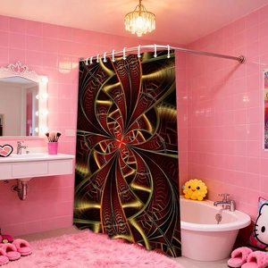 Detail view of Mandala pattern shower curtain with geometric gold fractal printing