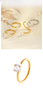 Detail view of 8mm stainless steel C-shaped nose rings with zircon in gold and silver