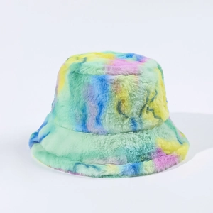 Detailed view of plush colorful tie-dye faux fur bucket hat with soft texture