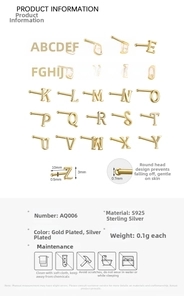 Detailed size chart and parameter list for S925 sterling silver letter piercing studs