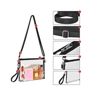 Transparent PVC crossbody bag with adjustable black nylon strap for sports and stadiums