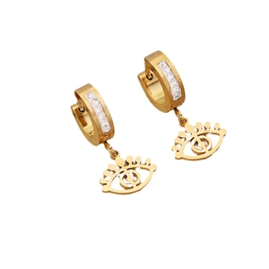 Gold evil eye hoop earrings with sparkling rhinestones and dangling charms for women