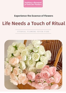 Close-up of artificial ranunculus flower bouquet in a woven basket for home decoration