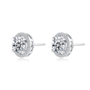 Classic S925 sterling silver halo stud earrings with round brilliant moissanite stones