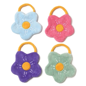 Detailed view of four colorful floral coral fleece hand towels with yellow hanging loops