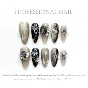 Handmade Press On Nails Gothic Starry Night Black Gradient Rose Three Dimensional Rhinestones Cross Long Almond Luxury