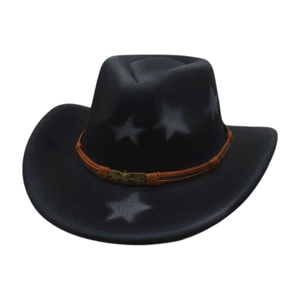 Black western cowboy hat with grey star patterns and a brown braided skull badge band
