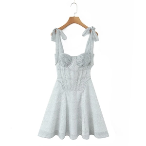Sweet white polka dot chiffon dress with bow shoulder straps and cup bodice design