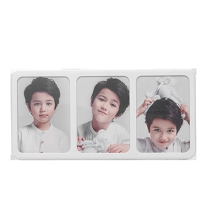 Minimalist white three-frame photo stand featuring rounded corners and high-end crystal finish