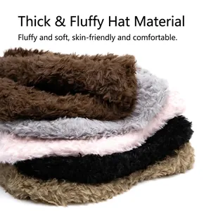 Thick plush winter beanies in multiple colors including brown, grey, pink, and black
