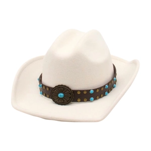 White wide brim felt cowboy hat featuring a leather band with turquoise and metal studs