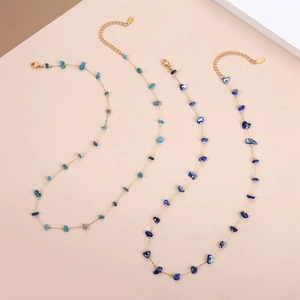 Handmade gold plated necklace set featuring blue natural gravel stones and evil eye beads