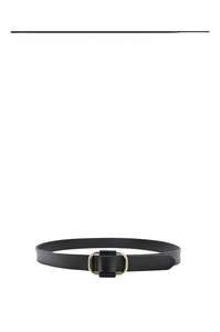 Detailed specs of minimalist black leather belt with golden oval buckle and 2.4cm width