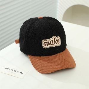 Kids vintage fleece baseball cap with brown corduroy brim and embroidered patch